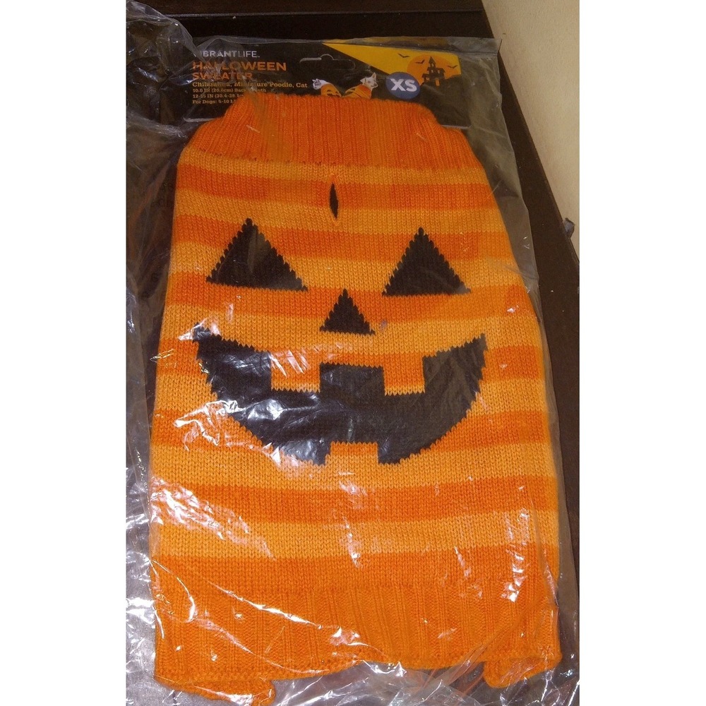 Vibrant Life Halloween Trick or Treat Dog Cat‎ Sweater Orange Pumpkin X-Small XS